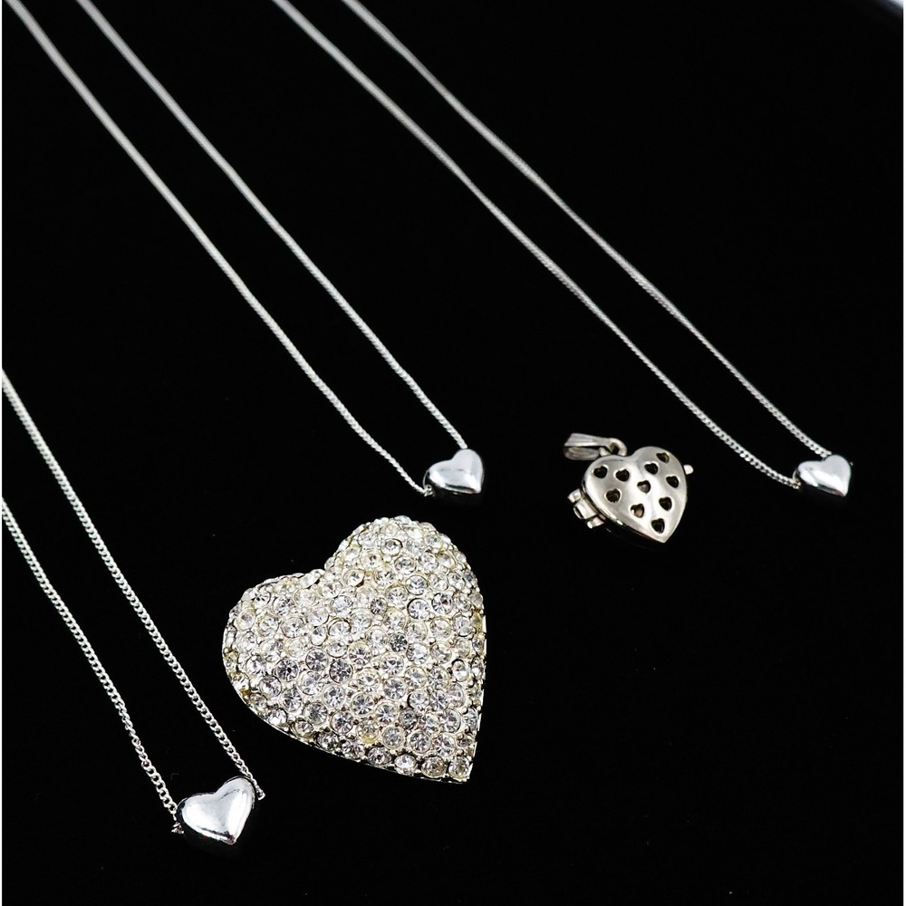 5pc Heart Jewelry Lot Silver‎ Tone Puffy Heart Necklace Rhinestone Brooch Locket